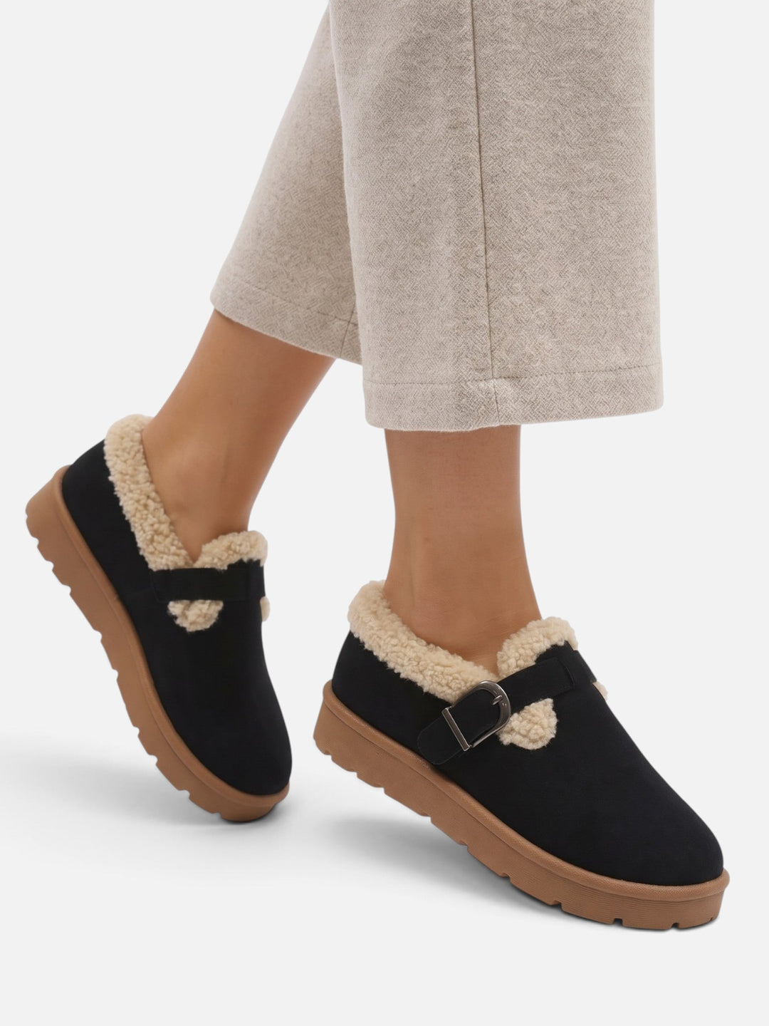 Women's Faux Suede Sherpa Clogs with Buckle