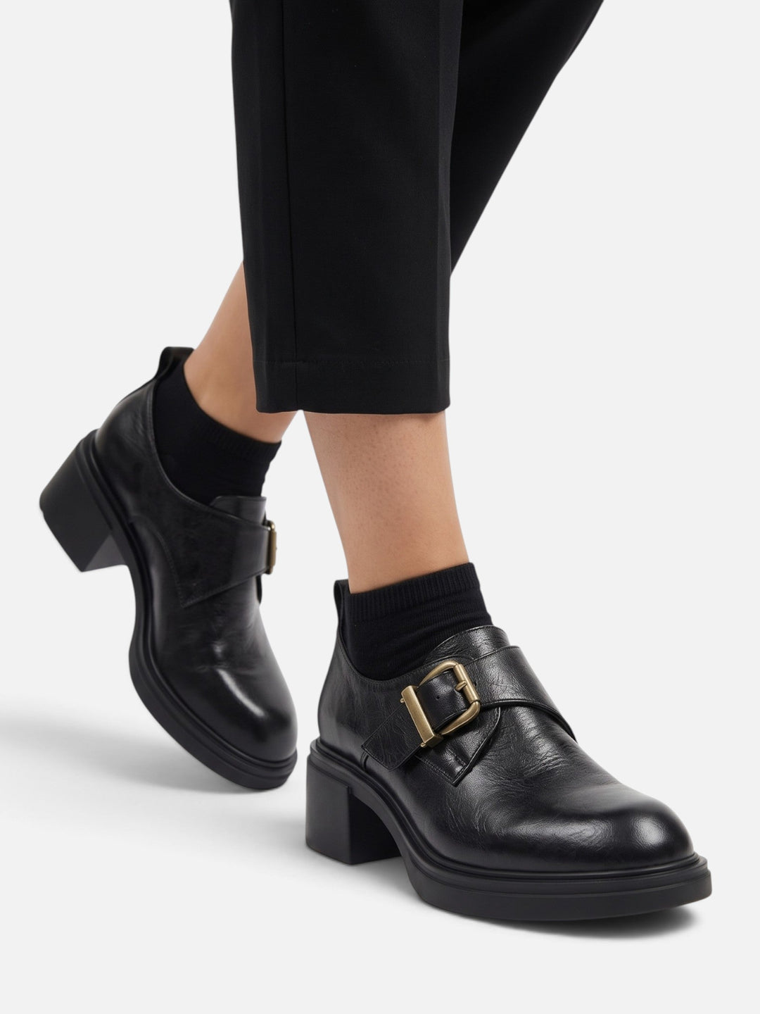Women's Leather Buckle Loafers with Block Heel