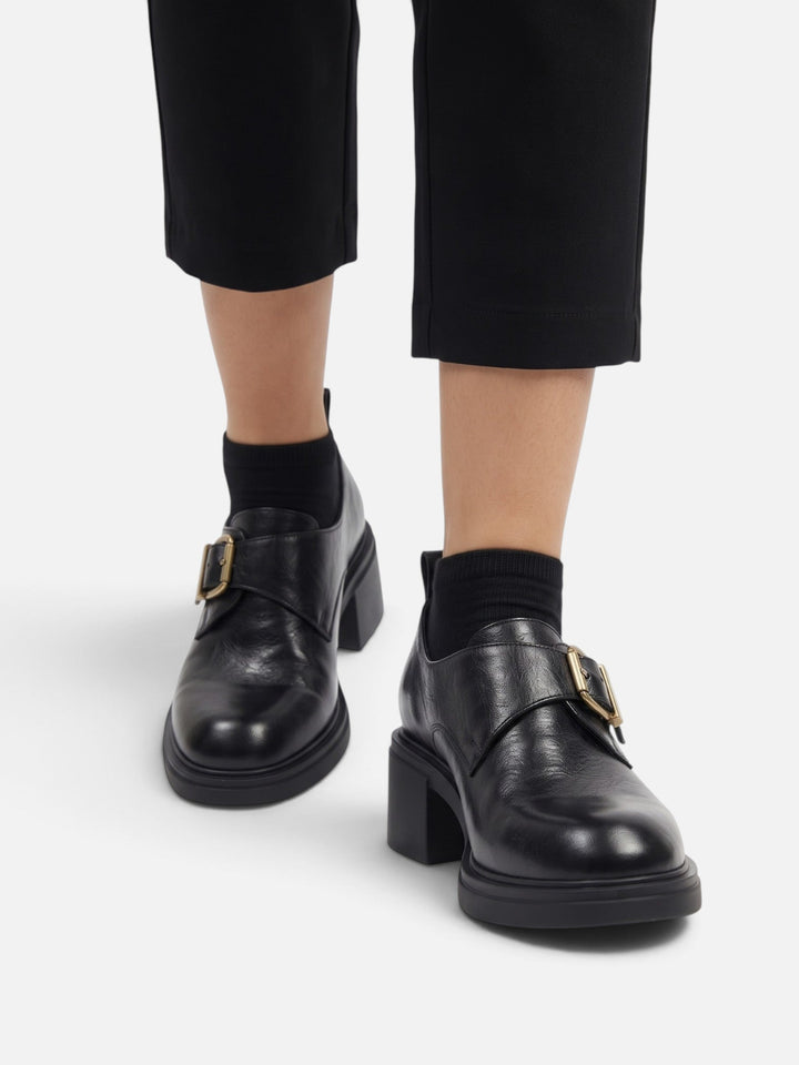 Women's Leather Buckle Loafers with Block Heel