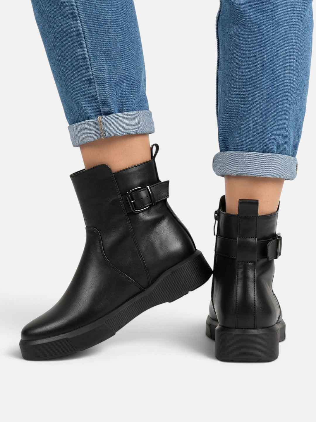 Women's Leather Buckle Ankle Boots with Chunky Sole