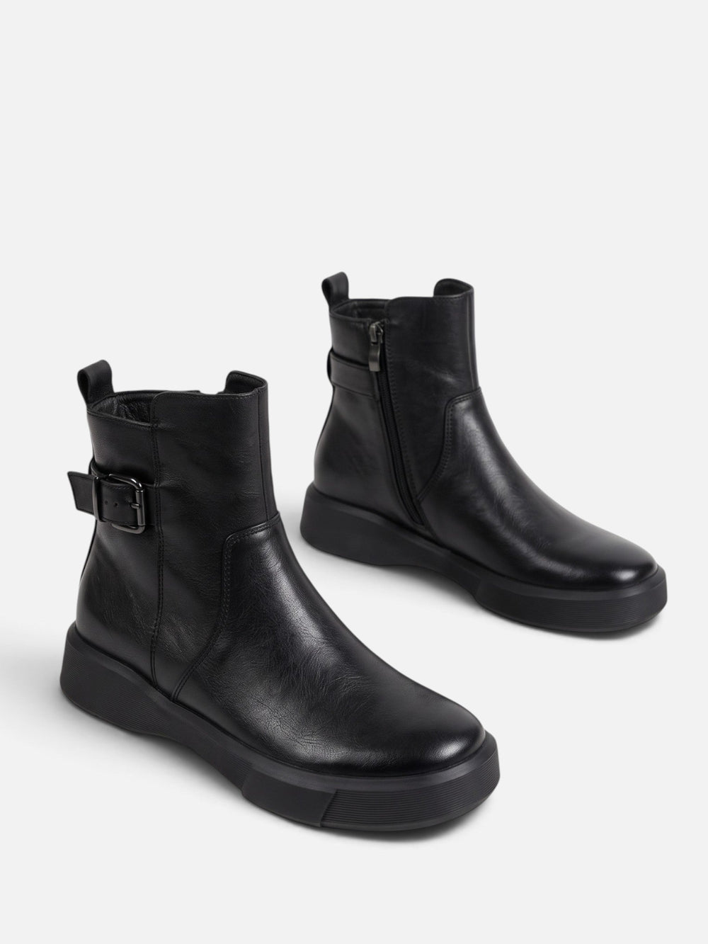 Women's Leather Buckle Ankle Boots with Chunky Sole