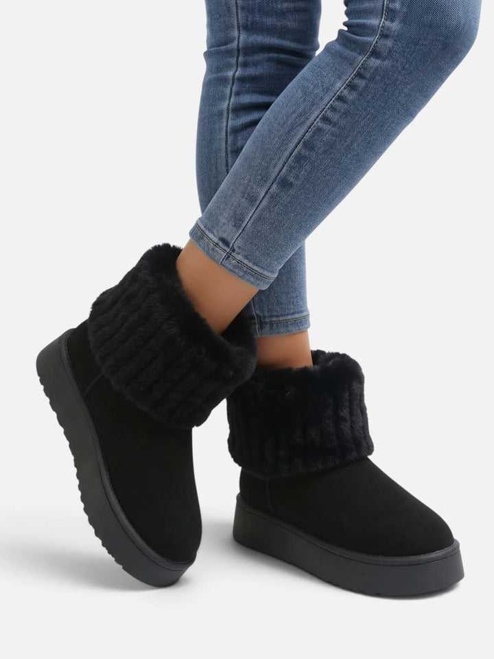 Women's Faux Suede Platform Ankle Boots with Faux Fur Cuff