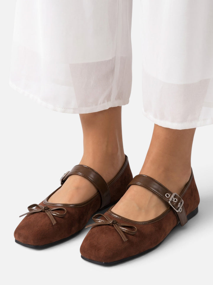 Women's Suede Mary Jane Ballet Flats with Bow & Buckle