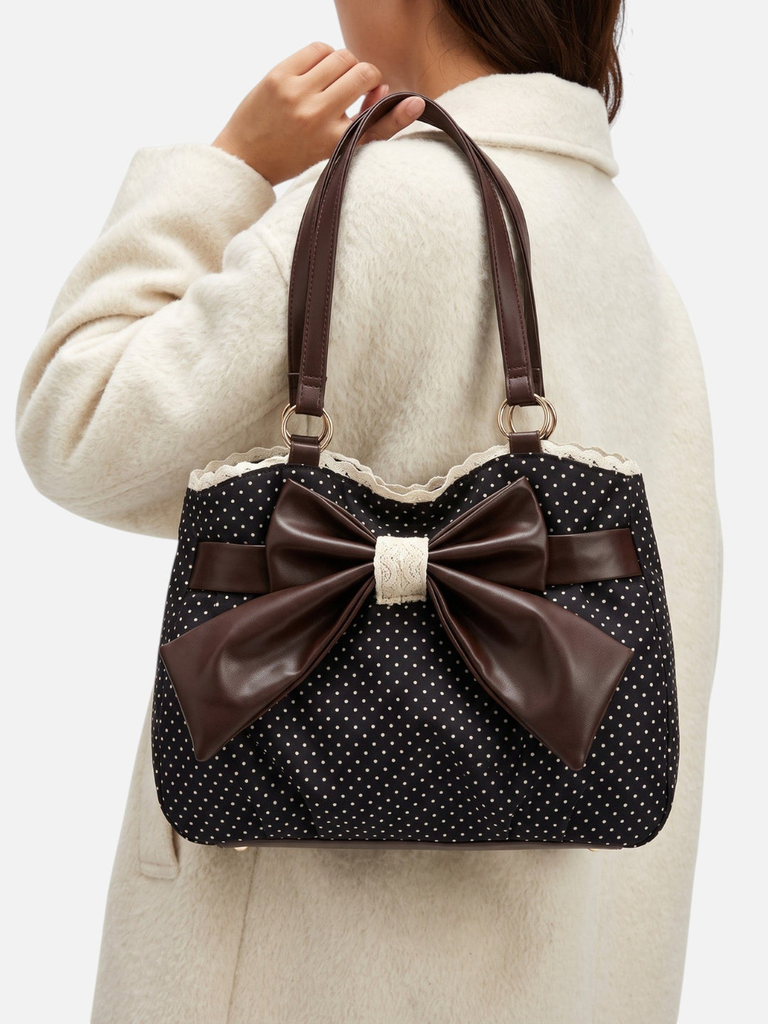Women's Polka Dot Tote Bag with Bow and Lace Trim