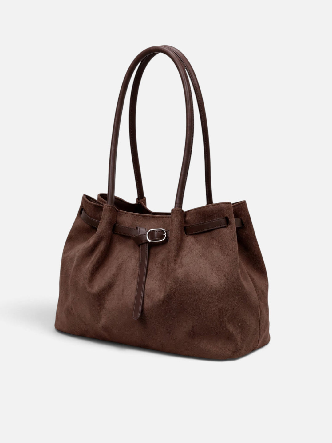 Women's Faux Suede Shoulder Tote with Buckle Belt Detail
