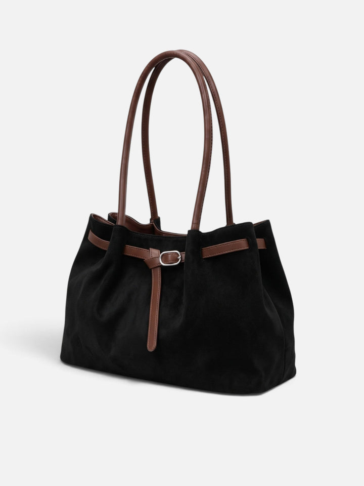 Women's Faux Suede Shoulder Tote with Buckle Belt Detail