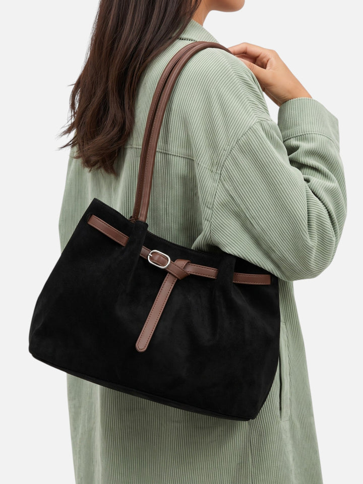 Women's Faux Suede Shoulder Tote with Buckle Belt Detail