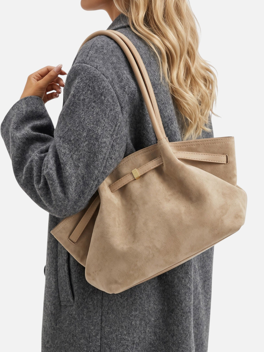 Women's Faux Suede Shoulder Tote with Belt Detail