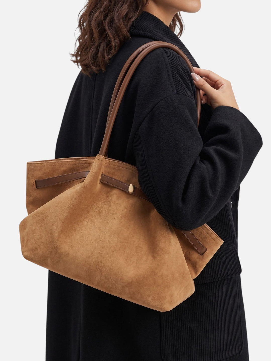Women's Faux Suede Shoulder Tote with Belt Detail