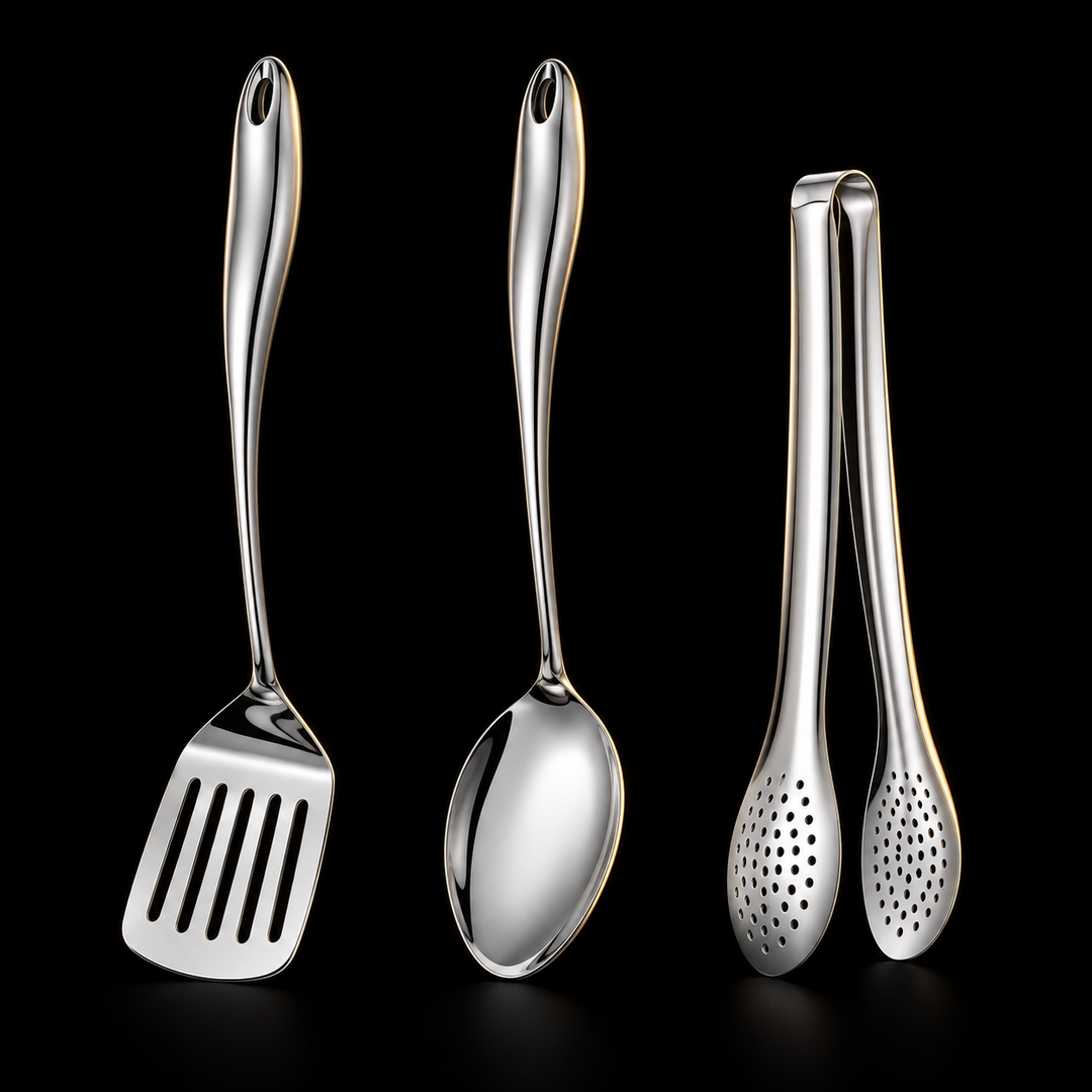 Stainless steel kitchen utensil set with curved handles, 3 to 11 pieces