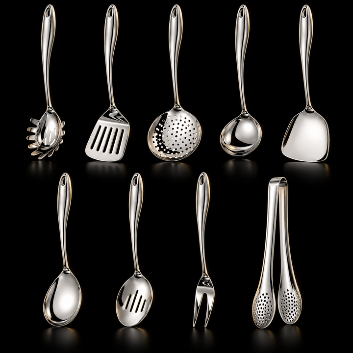 Stainless steel kitchen utensil set with curved handles, 3 to 11 pieces