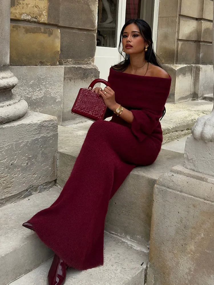 Eloah - Off Shoulder Pleated Knitted Maxi Dress