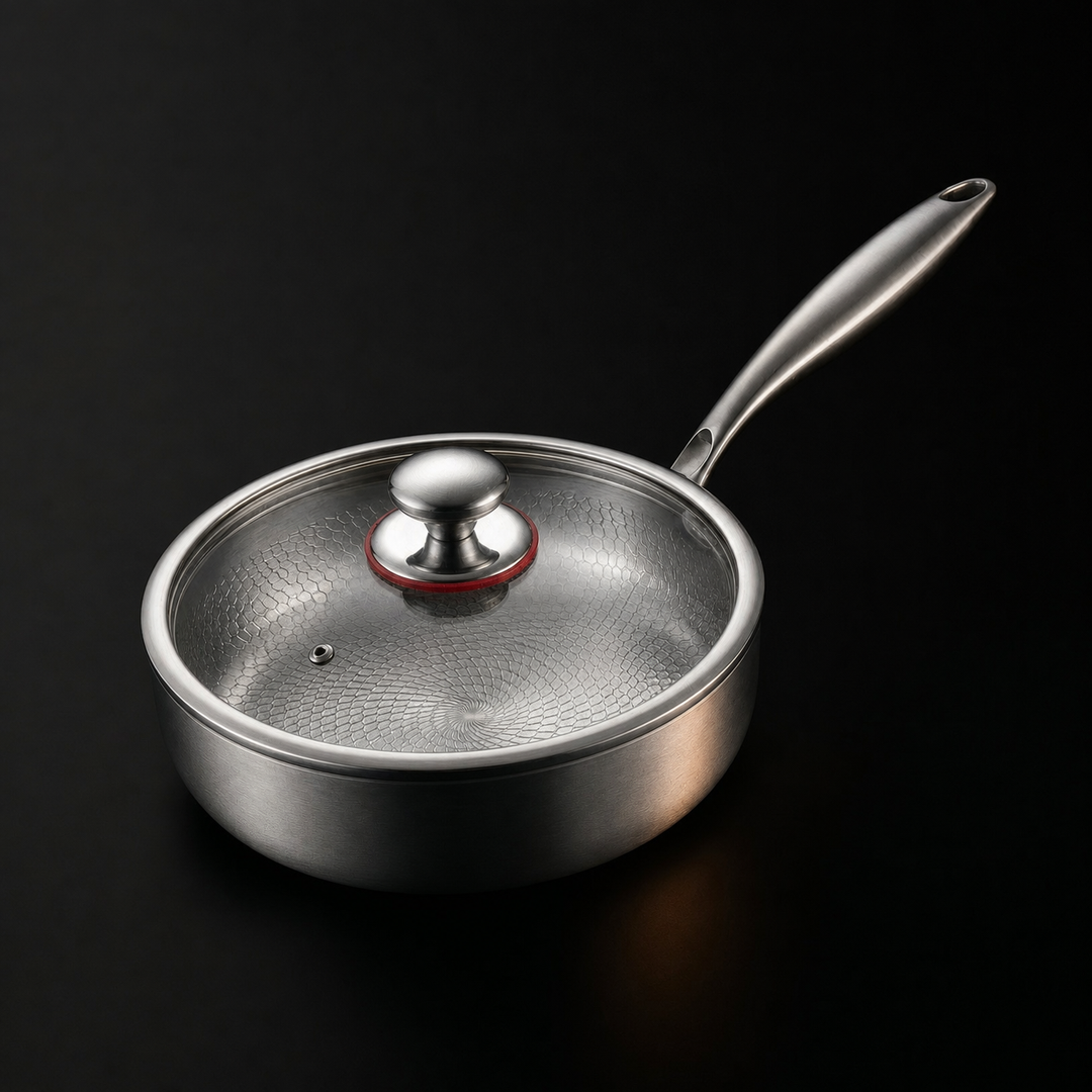 Hammered titanium frying pan with high sides