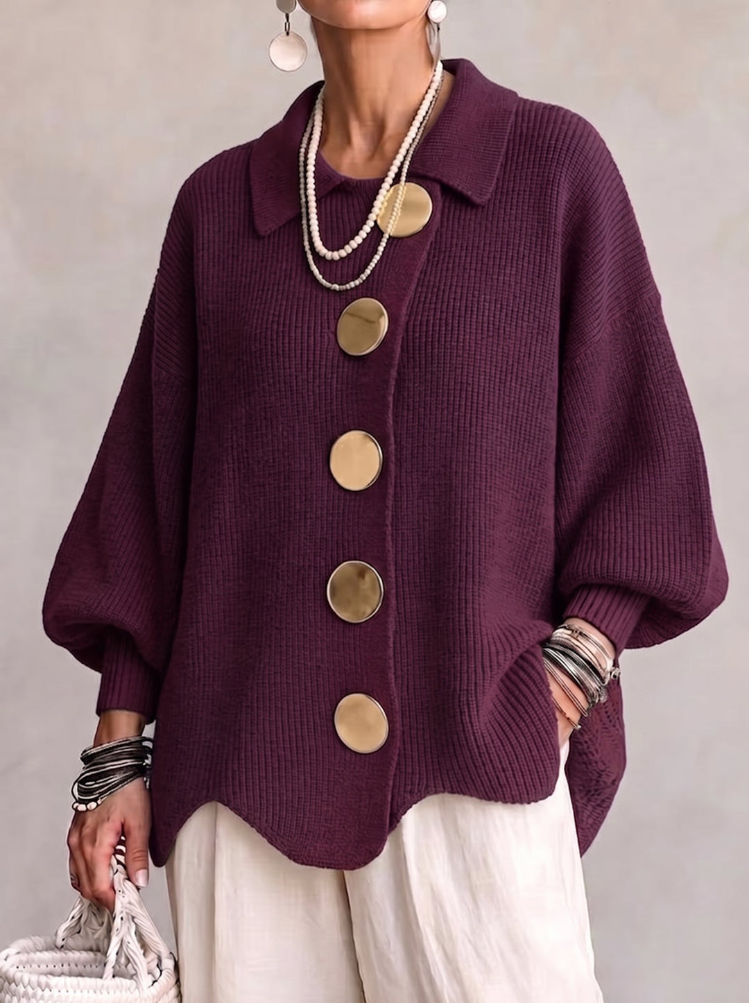 Oversized Collared Cardigan with Large Metal Buttons
