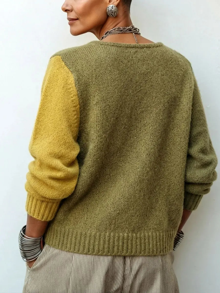 Women's Color-Block Knit Sweater with Asymmetric Buttons, Relaxed Fit