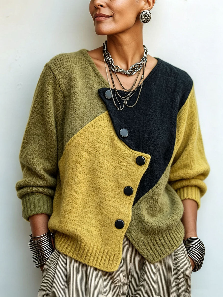 Women's Knit Sweater with Asymmetric Buttons in Color-Block Style