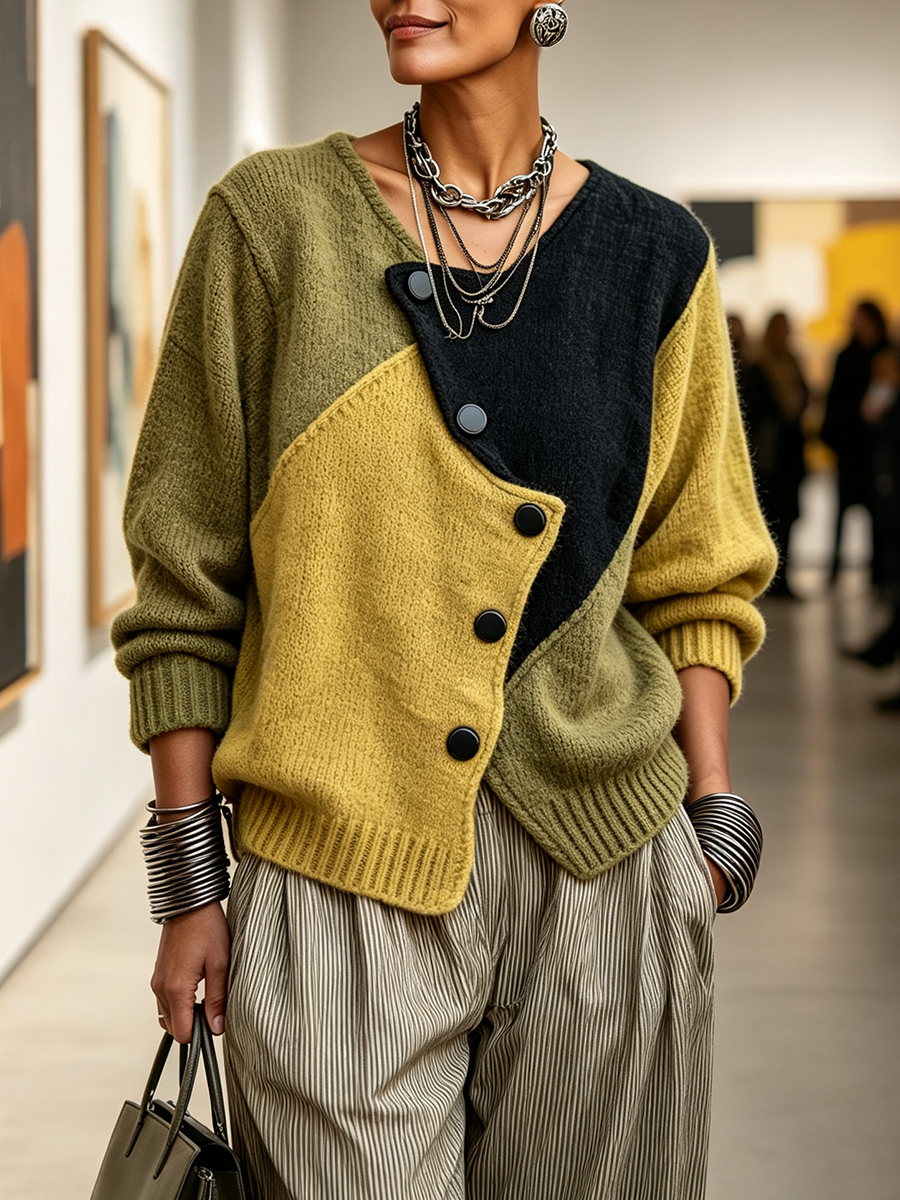 Women's Color-Block Knit Sweater with Asymmetric Buttons, Relaxed Fit