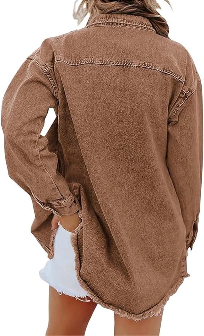 Denim Oversized Jacket with Button-Down Front for Women