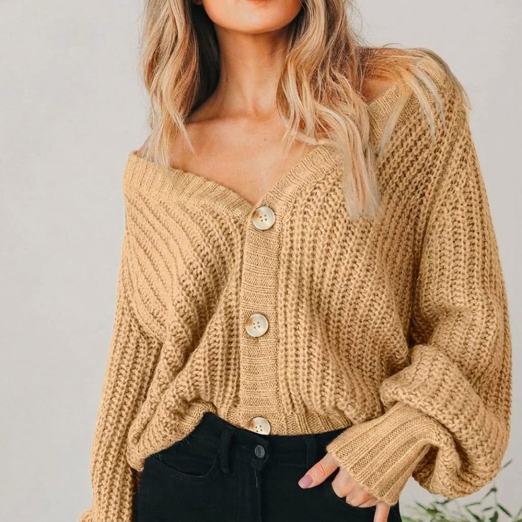 Chunky Knit Cardigan with Balloon Sleeves and V-Neck for Women