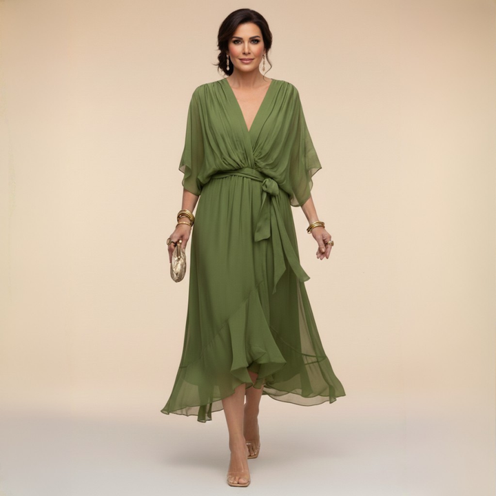 Women's Midi Wrap Dress with V-Neck and 3/4 Sleeves