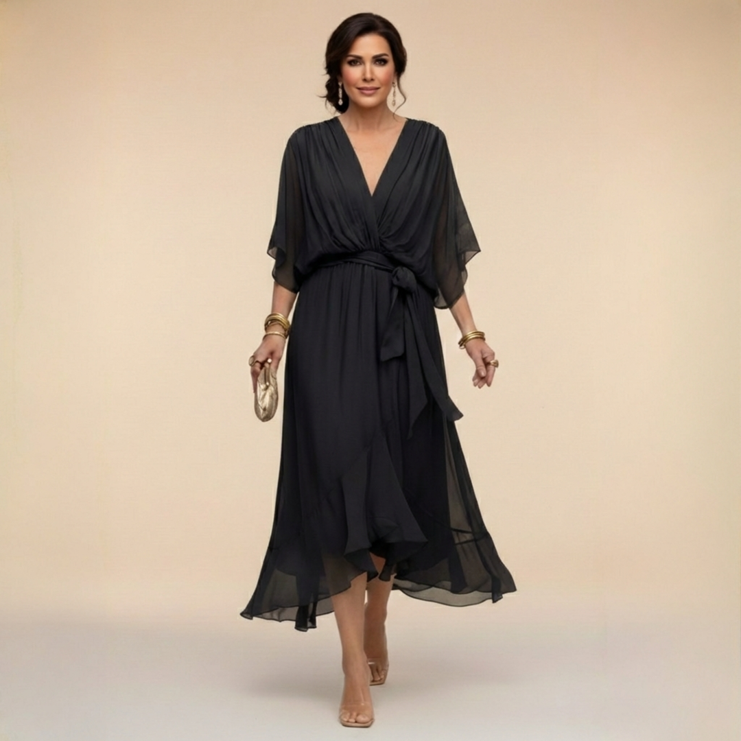 Women's Midi Wrap Dress with V-Neck and 3/4 Sleeves