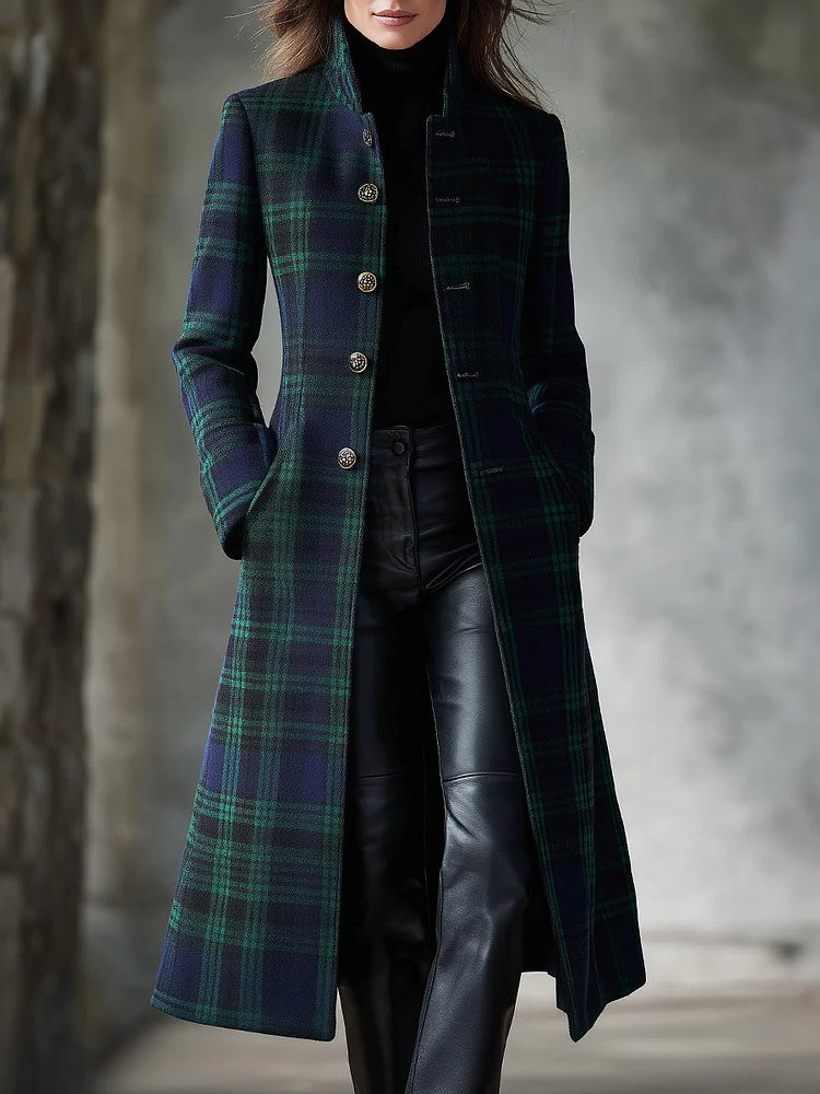 Plaid Midi Coat with Button-Front for Women