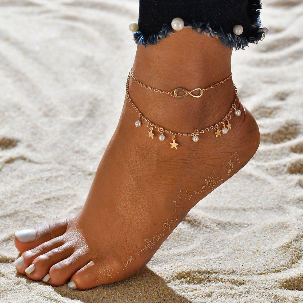 Endless pearl and stars anklet in silver