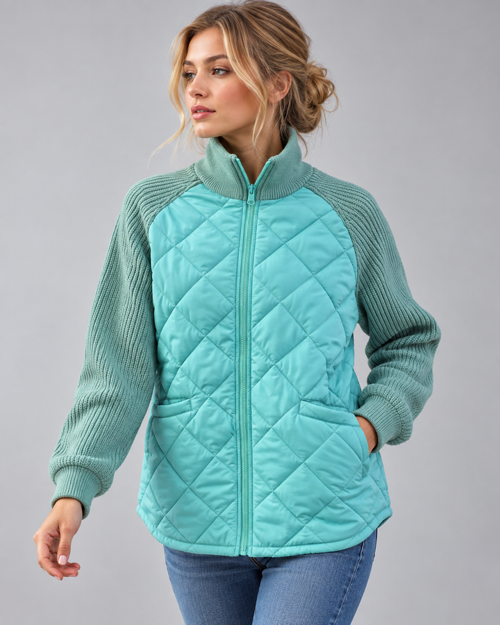 Quilted Jacket with Knit Sleeves and Zip-Up for Women