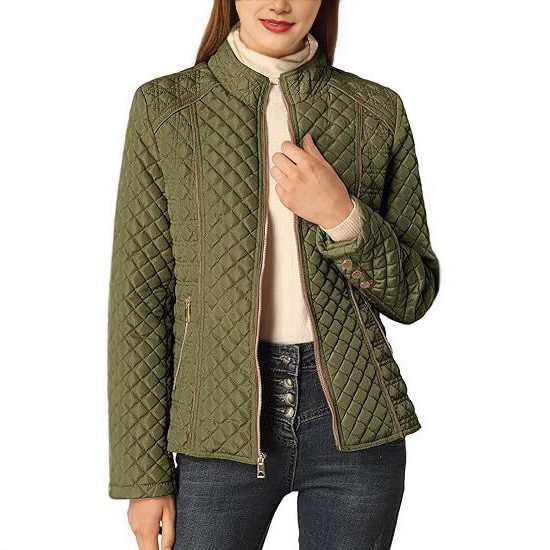 Quilted Jacket with Stand Collar and Zip for Women