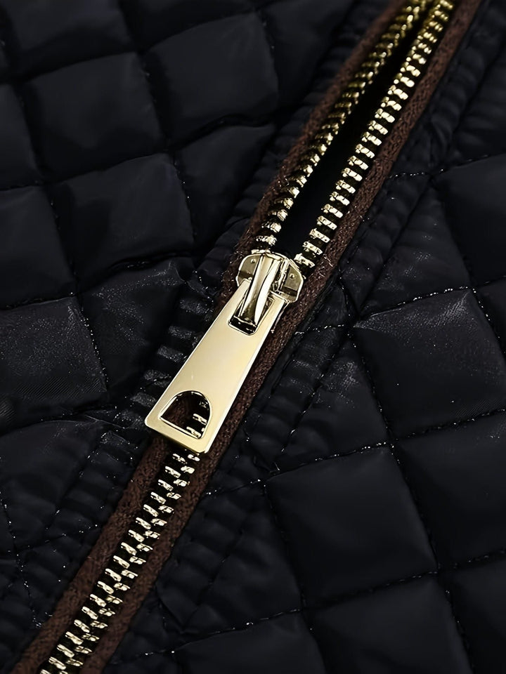 Quilted Jacket with Stand Collar and Zip for Women