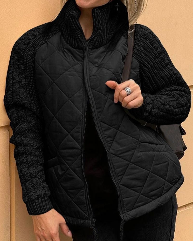 Quilted Jacket with Knit Sleeves and Zip-Up for Women