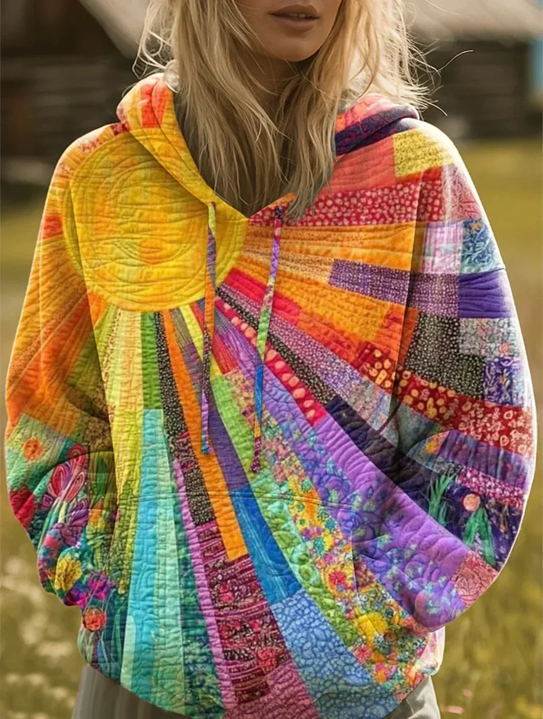 Bohemian multicolored patchwork hoodie for women