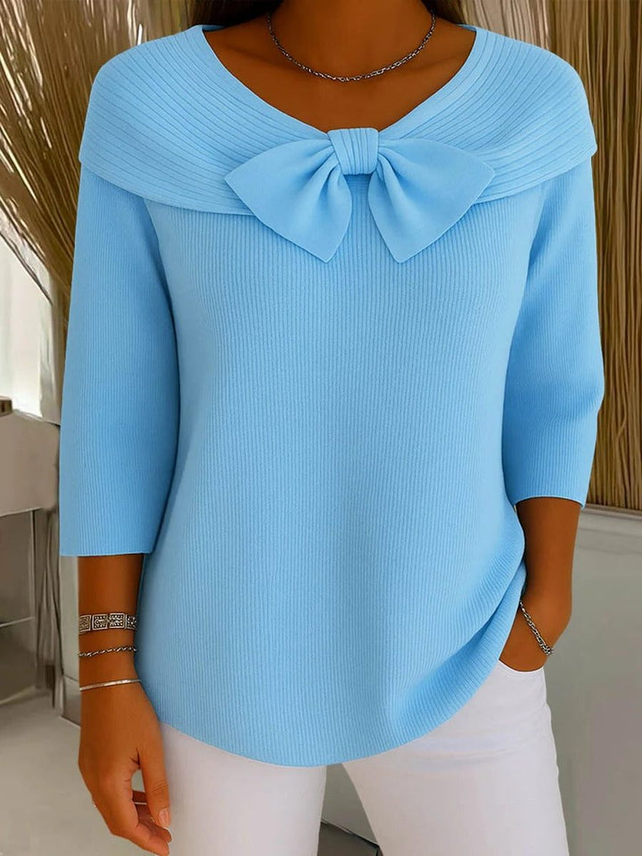 Ribbed Knit Sweater with Bow Collar and Three-Quarter Sleeves for Women
