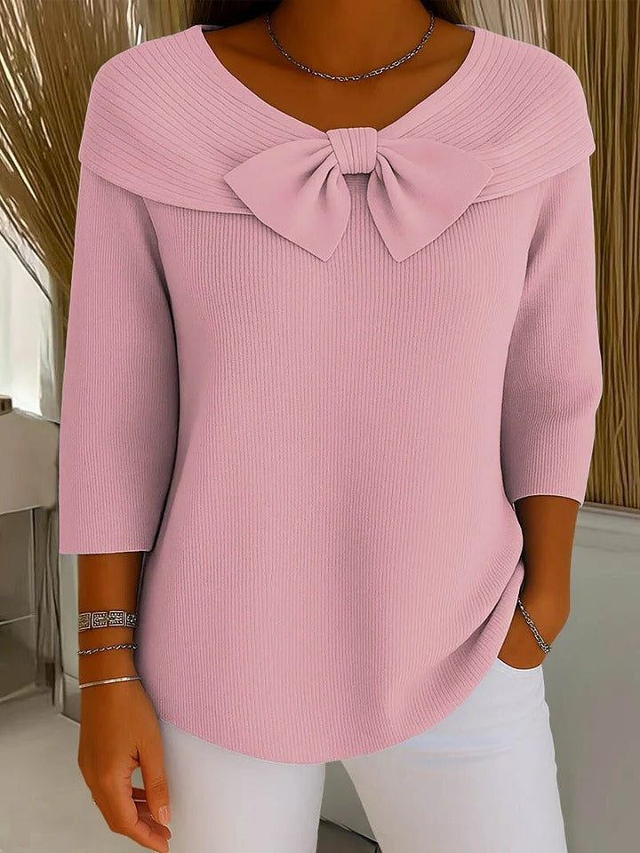 Ribbed Knit Sweater with Bow Collar and Three-Quarter Sleeves for Women