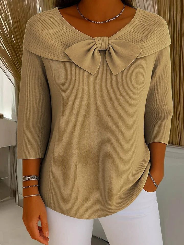 Ribbed Knit Sweater with Bow Collar and Three-Quarter Sleeves for Women