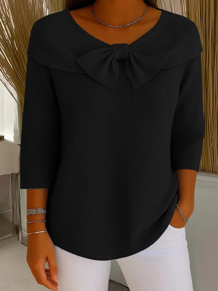 Ribbed Knit Sweater with Bow Collar and Three-Quarter Sleeves for Women