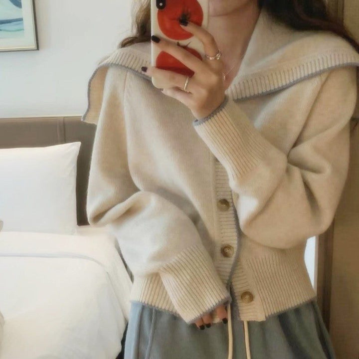 Ribbed Knit Cardigan with Oversized Sailor Collar for Women