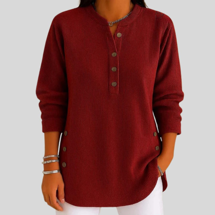 Ribbed Knit Pullover with Crew Neck and Button-Front for Women