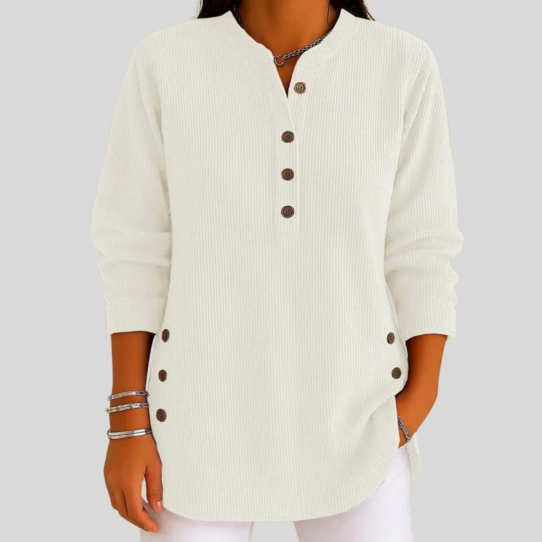 Ribbed Knit Pullover with Crew Neck and Button-Front for Women