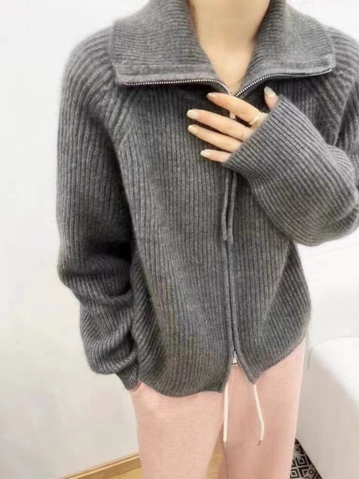 Cashmere Cardigan with Stand Collar and Zip for Women