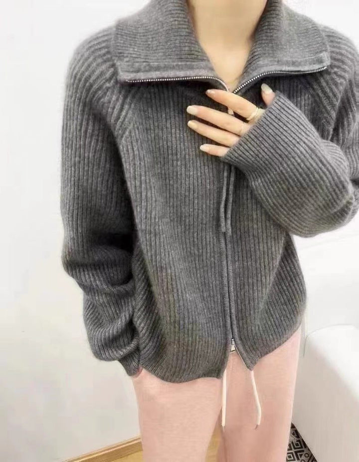 Cashmere Cardigan with Stand Collar and Zip for Women