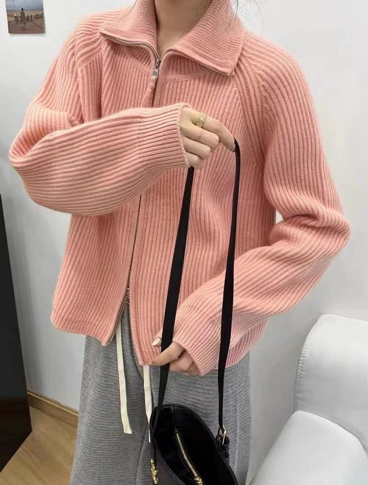 Cashmere Cardigan with Stand Collar and Zip for Women