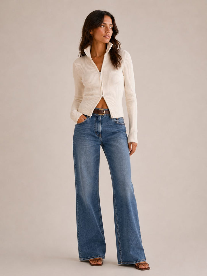 Ribbed Knit Zip-Up Cardigan for Women