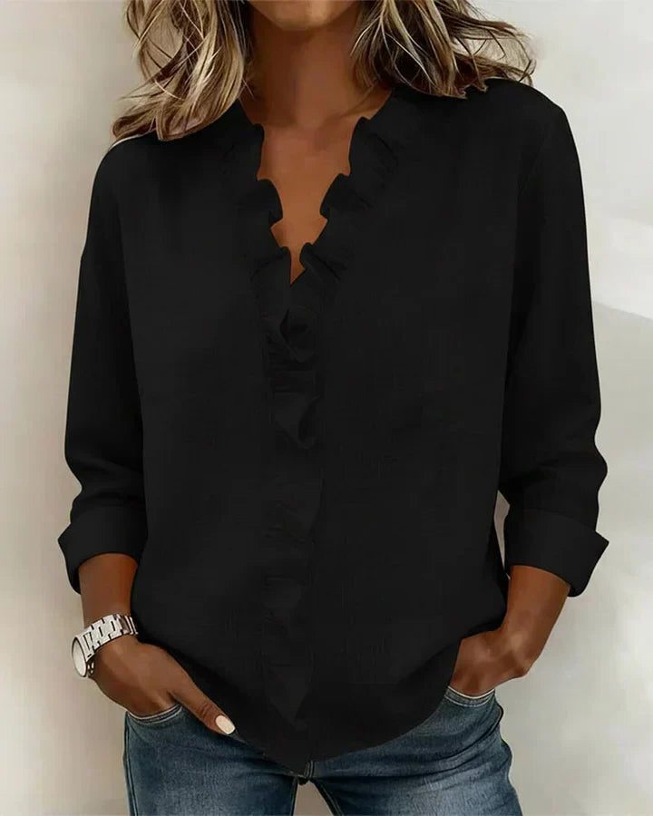 Ruffled Blouse with V-Neck and Long Sleeves for Women
