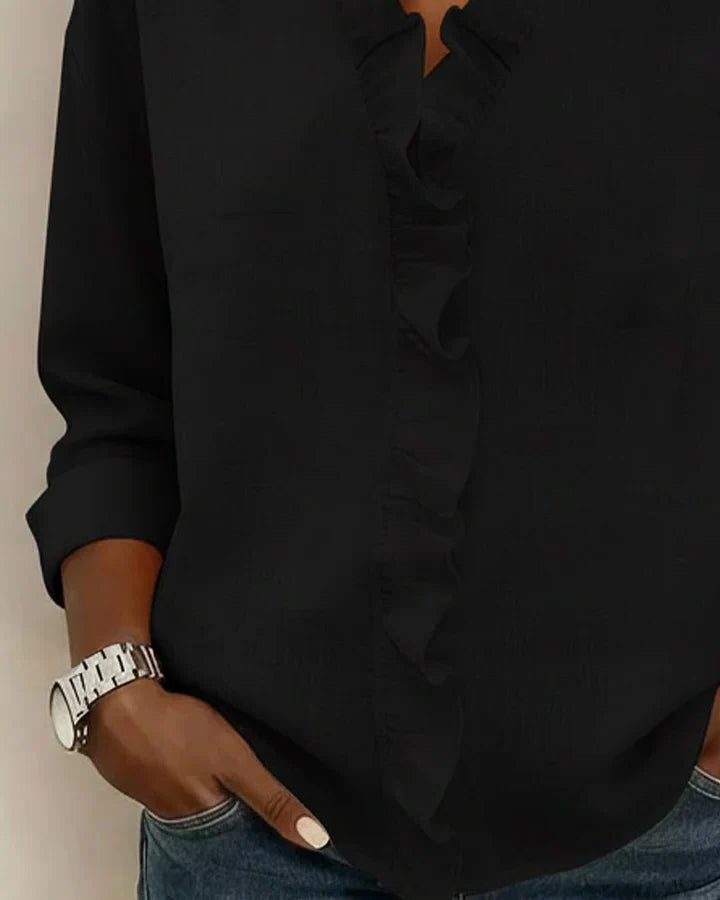Ruffled Blouse with V-Neck and Long Sleeves for Women