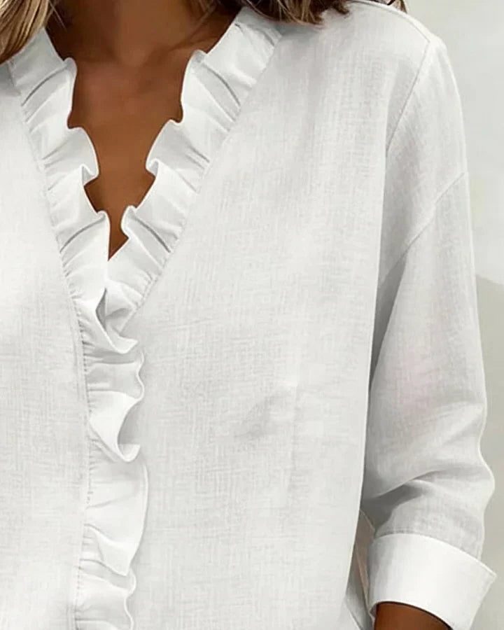 Ruffled Blouse with V-Neck and Long Sleeves for Women