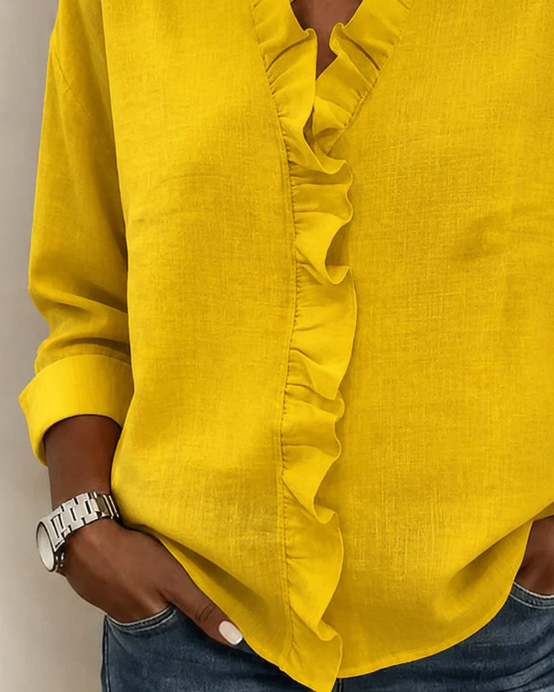 Ruffled Blouse with V-Neck and Long Sleeves for Women
