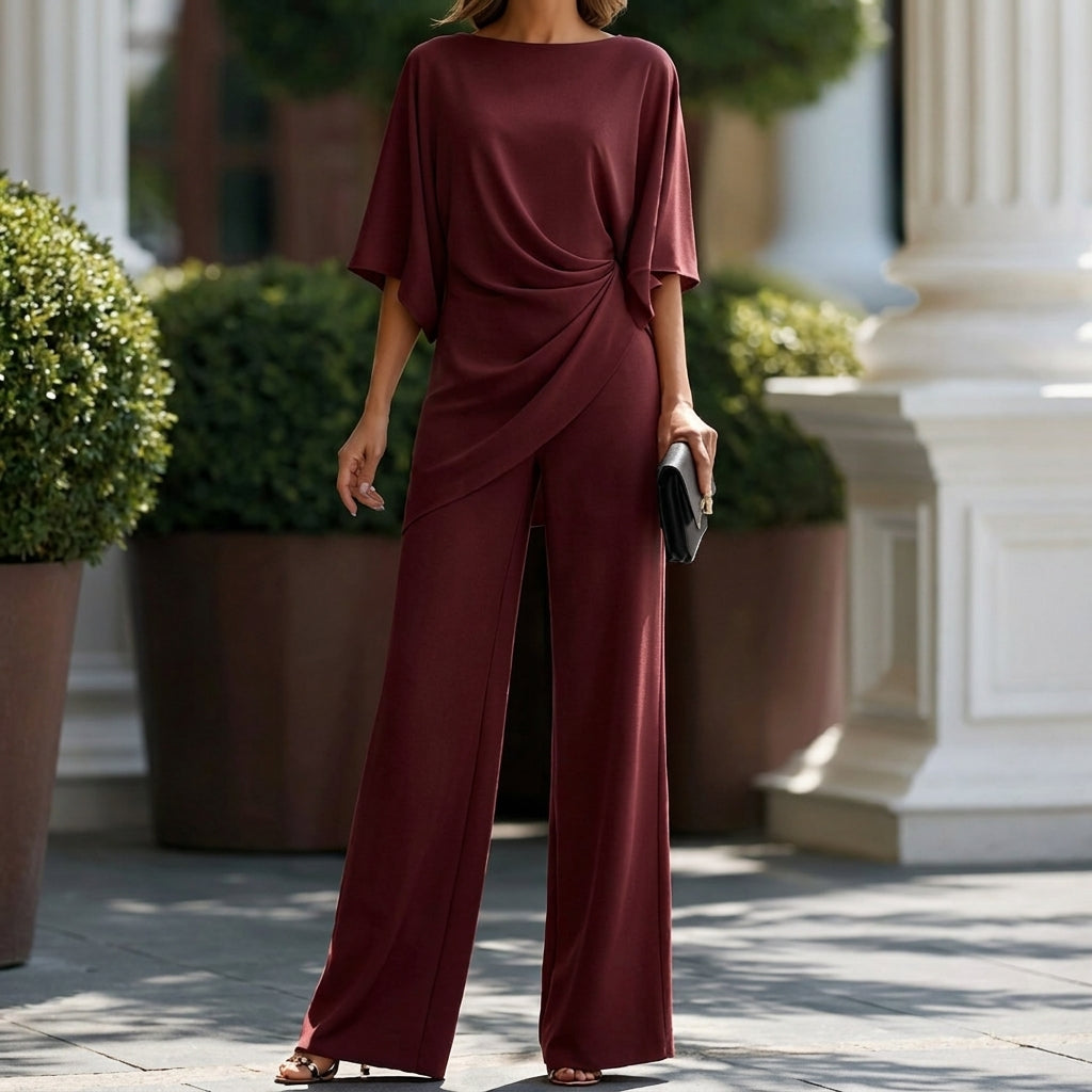 Draped Blouse and Wide-Leg Pants – Two-Piece Set