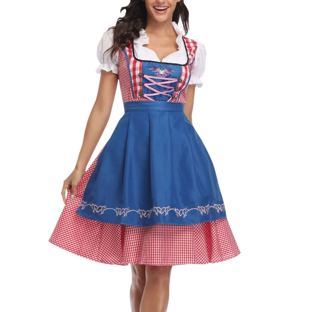 Women's checked dress with lace-up bodice and apron, Oktoberfest midi
