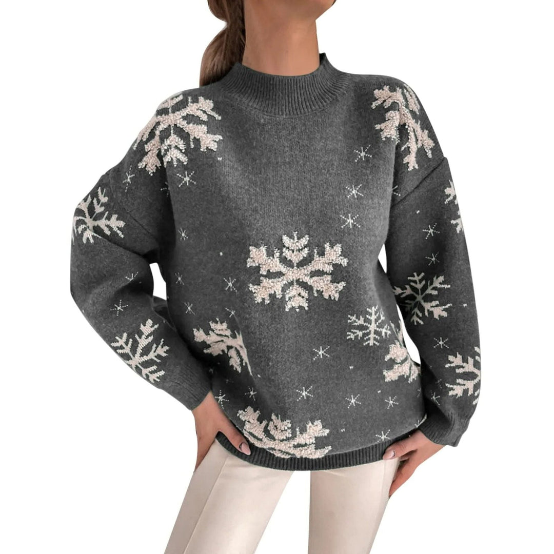 Snowflake Knit Sweater with Crew Neck for Women